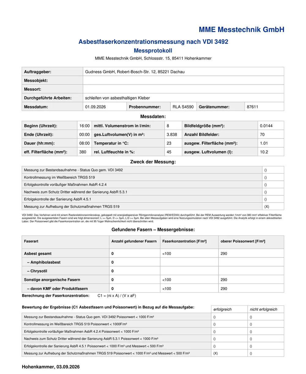 Messprotokoll einer Asbestfaserkonzentrationsmessung nach VDI 3492 mit Messdaten, Zweck der Messung und Ergebnis